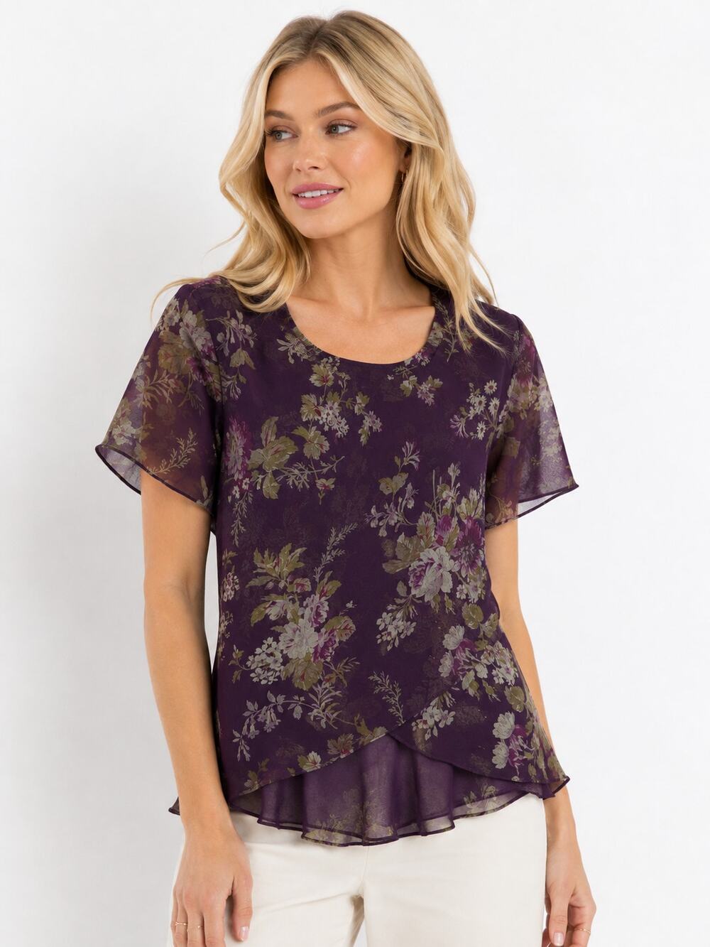 F201 RM Richards Purple Floral Sheer Blouse Size 14 Layered Hem